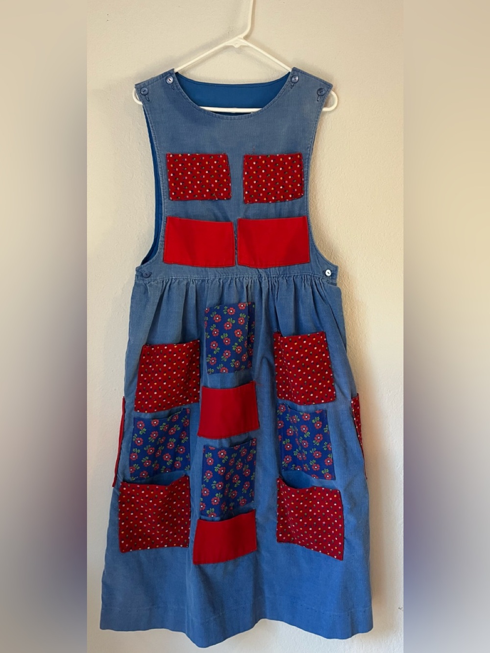 VTG 70s Handmade Cottagecore Prairie Boho Corduroy Jumper Dress Bib Sz M? Patch